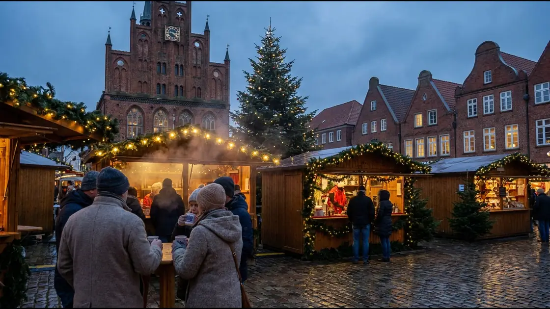 Weihnachtsmarktbuden mit Lichterketten auf einem norddeutschen Marktplatz in der Abenddämmerung